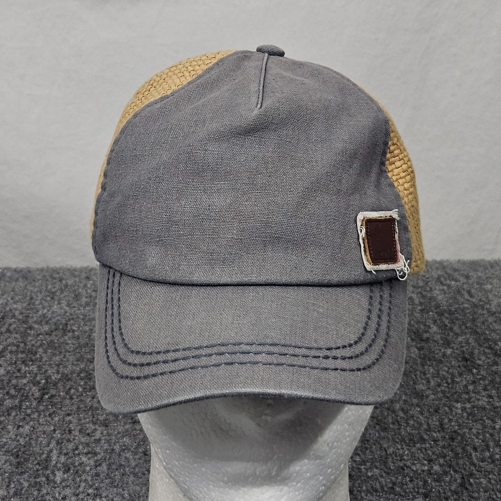 Roxy Trucker Hat Womens Gray Tan Linen Straw Coastal Surf Beach Resort Boho Chic